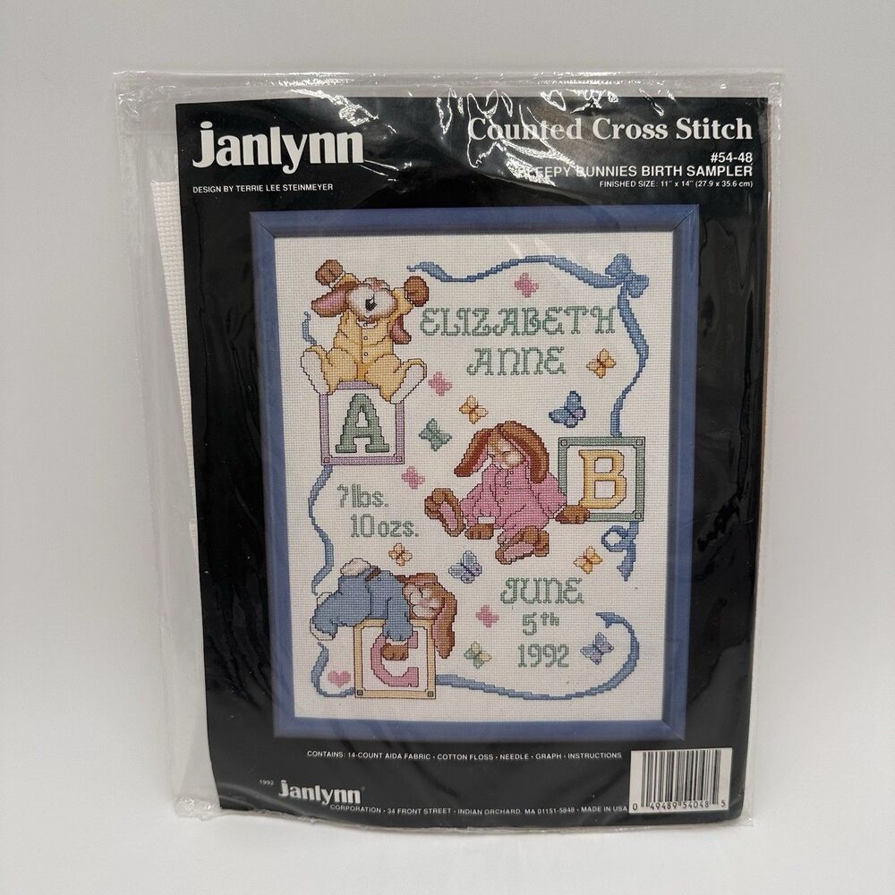 JANLYNN Counted Cross Stitch Kit SLEEPY BUNNIES BIRTH SAMPLER #54-48 New Sealed
